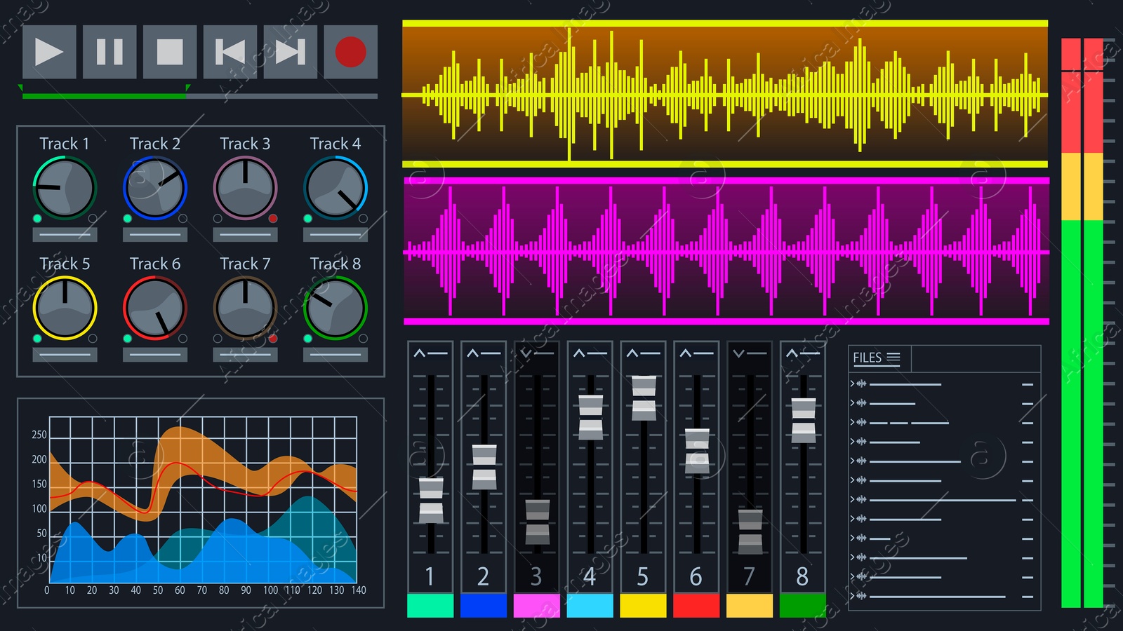 Digital audio workstation interface. Music production and editing software Illustration of Digital audio workstation interface. Music production and editing software