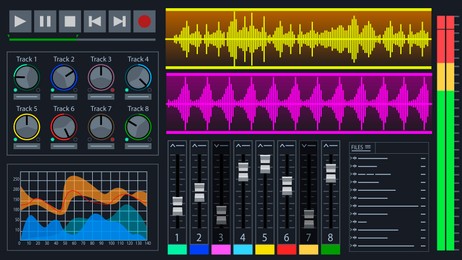 Illustration of Digital audio workstation interface. Music production and editing software