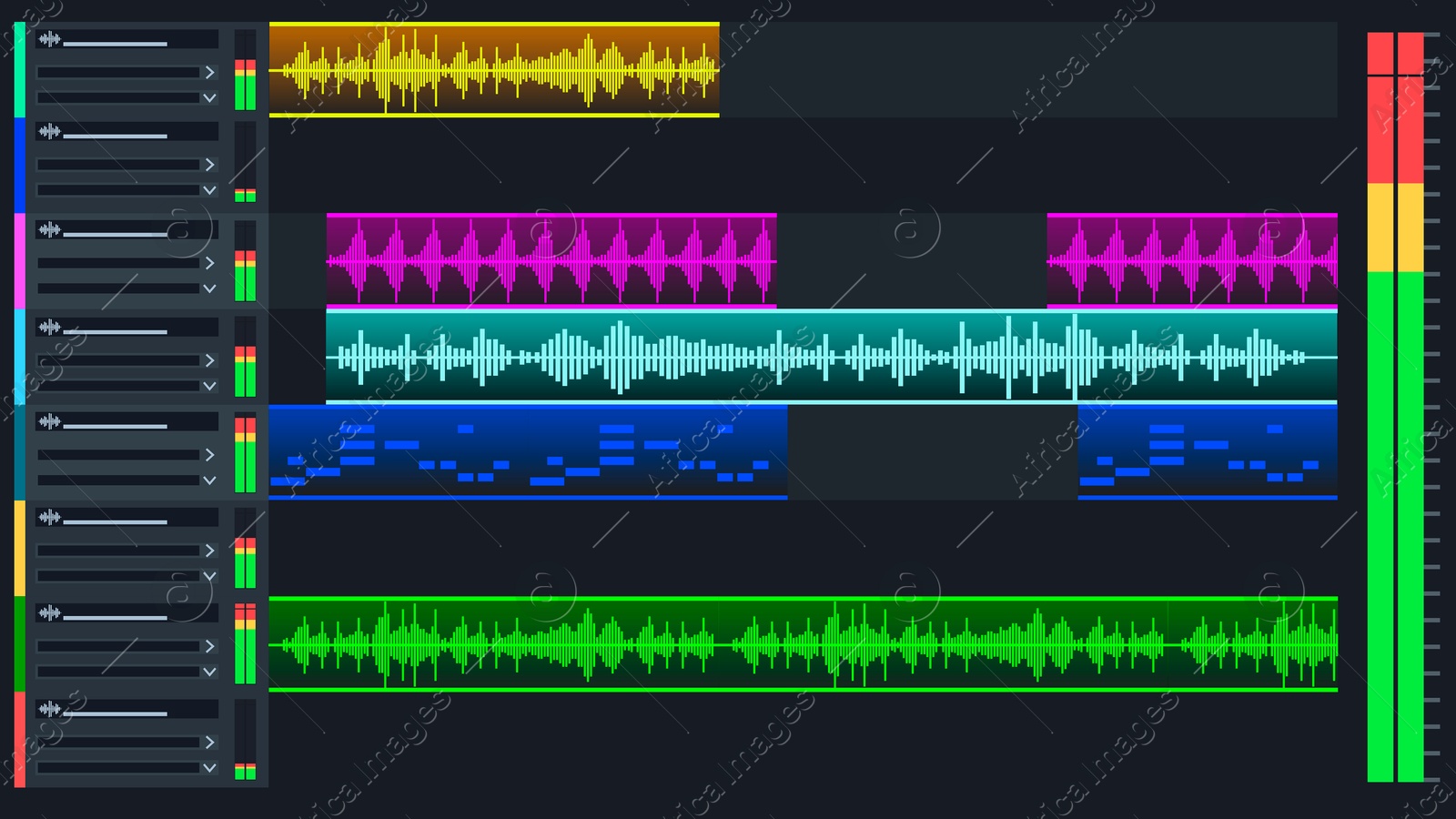 Digital audio workstation interface. Music production and editing software Illustration of Digital audio workstation interface. Music production and editing software