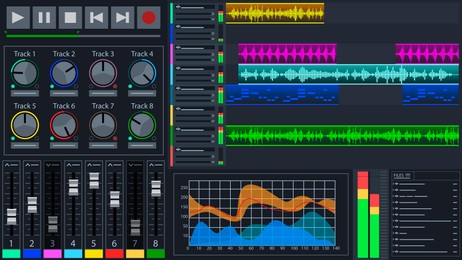 Illustration of Digital audio workstation interface. Music production and editing software