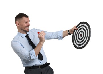 Photo of Targeting. Man with dart board and arrow on white background
