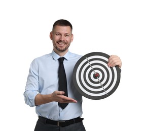 Photo of Targeting. Man with dart board and arrow on white background