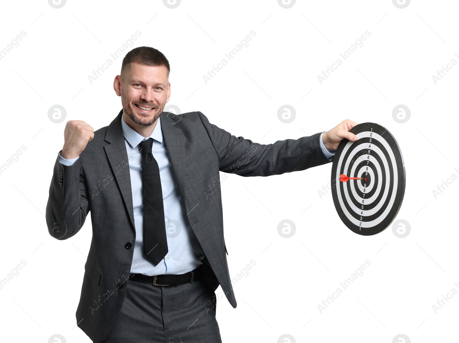 Targeting. Man with dart board and arrow on white background Photo of Targeting. Man with dart board and arrow on white background