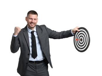 Photo of Targeting. Man with dart board and arrow on white background