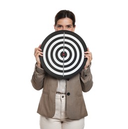 Photo of Targeting. Businesswoman with dart board on white background