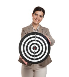 Photo of Targeting. Smiling businesswoman with dart board on white background