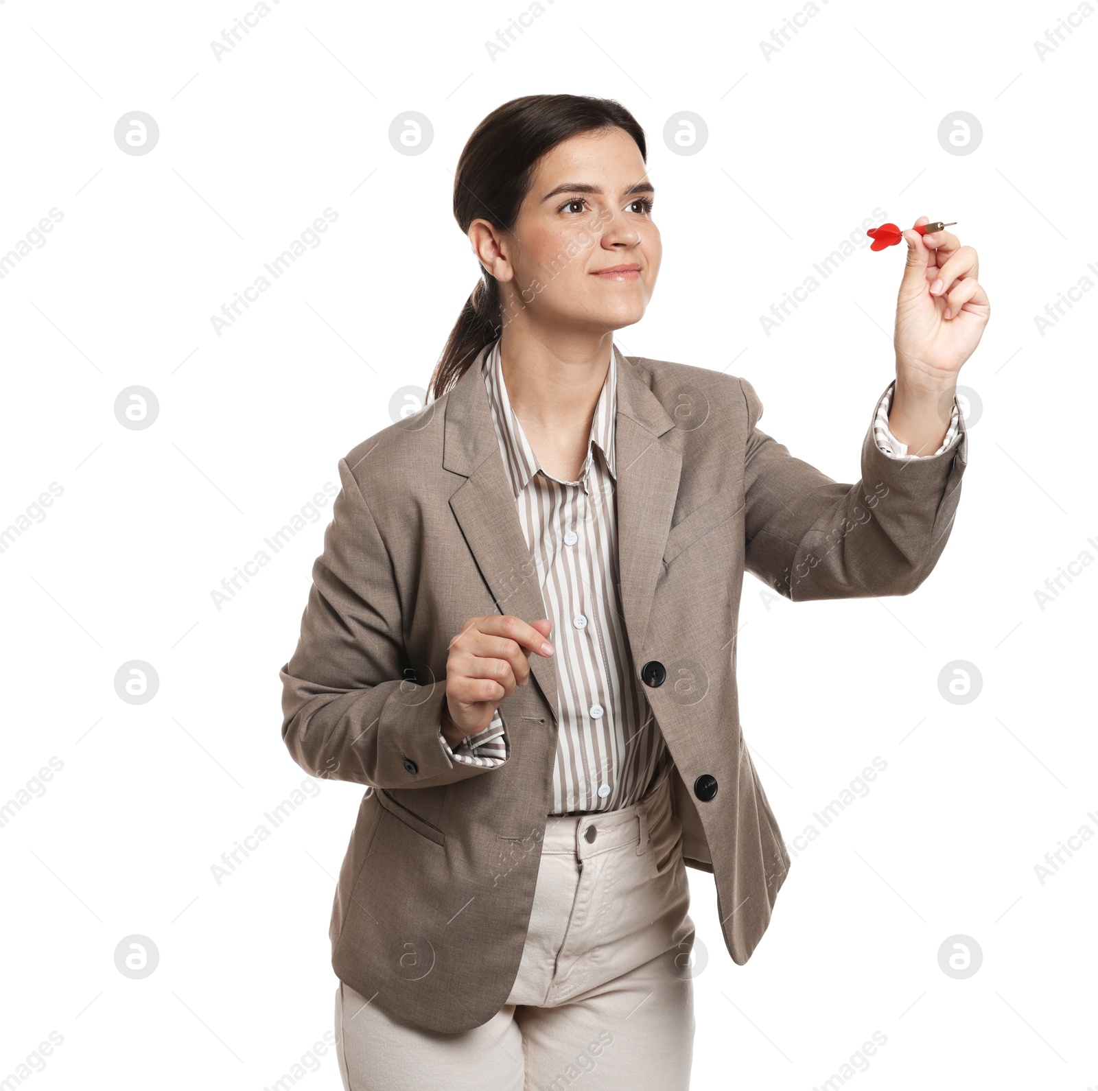 Photo of Targeting. Businesswoman with dart aiming on white background