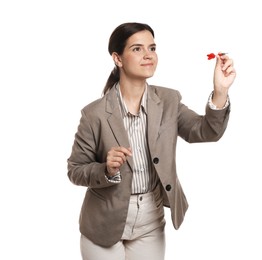 Photo of Targeting. Businesswoman with dart aiming on white background