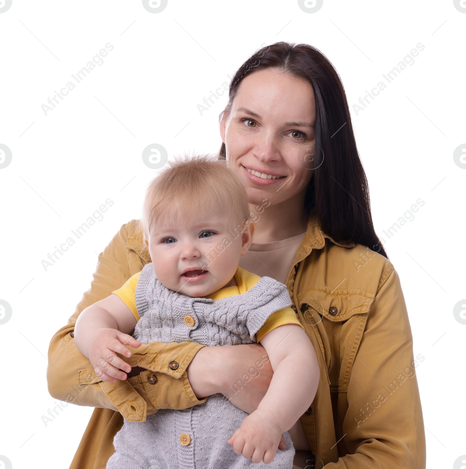 Mother and her cute baby on white background Photo of Mother and her cute baby on white background