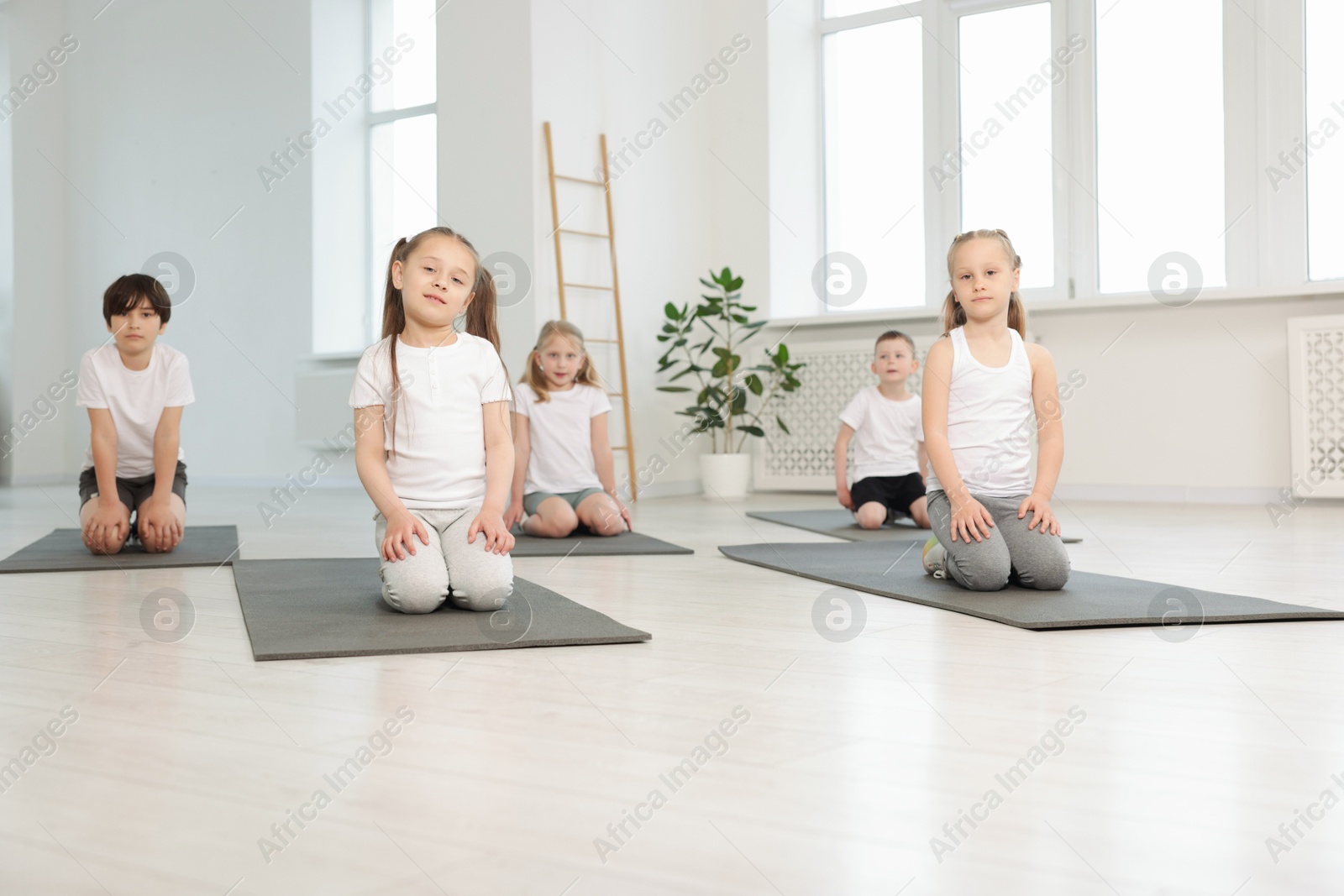 Group of children on yoga mats in class Photo of Group of children on yoga mats in class