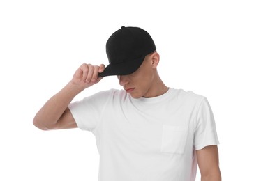 Photo of Young man wearing stylish black baseball hat on white background