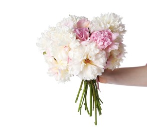 Photo of Woman with bouquet of beautiful peonies on white background, closeup