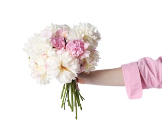 Photo of Woman with bouquet of beautiful peonies on white background, closeup