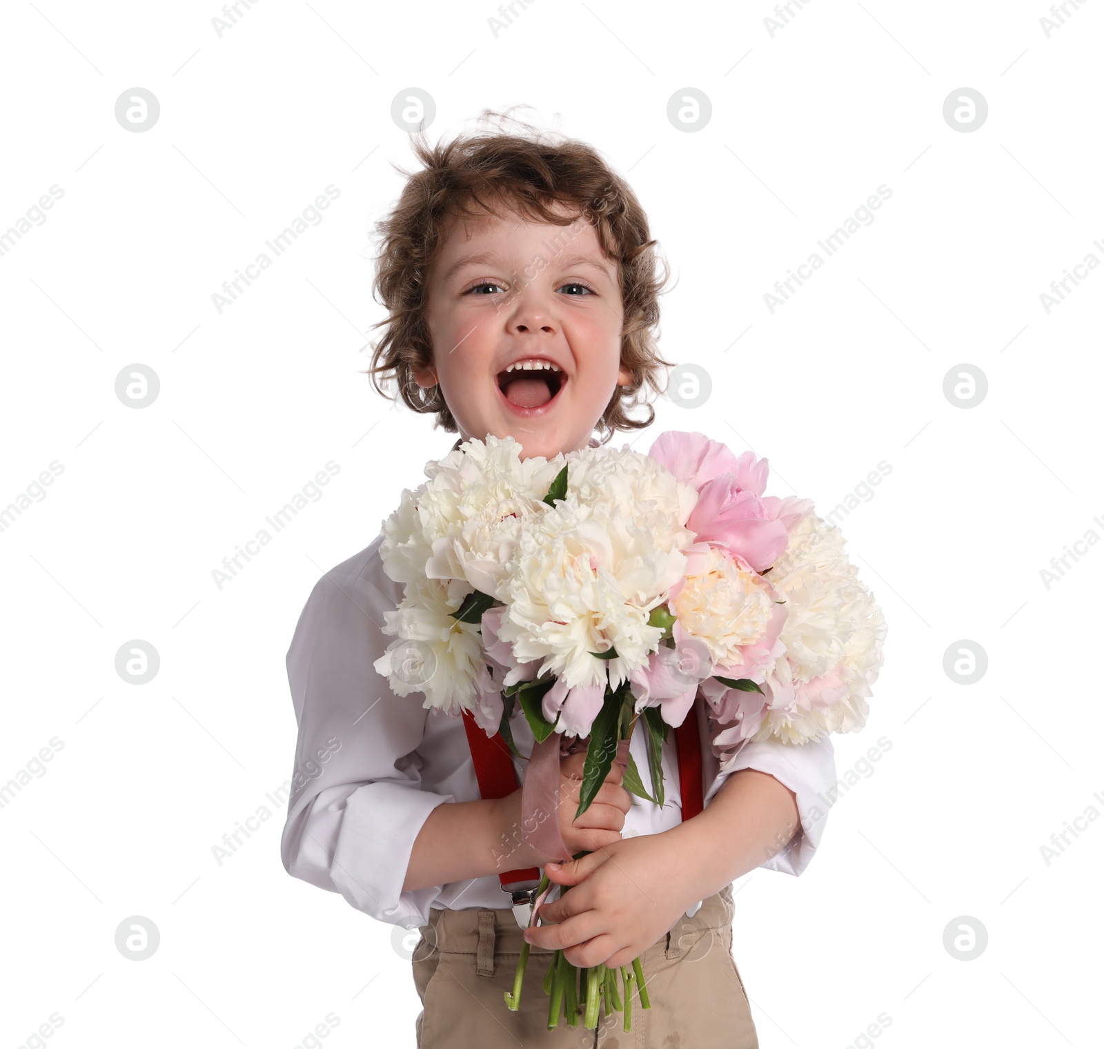 Cute little boy with bouquet of beautiful peonies on white background Photo of Cute little boy with bouquet of beautiful peonies on white background