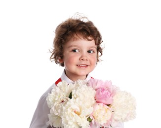 Photo of Cute little boy with bouquet of beautiful peonies on white background
