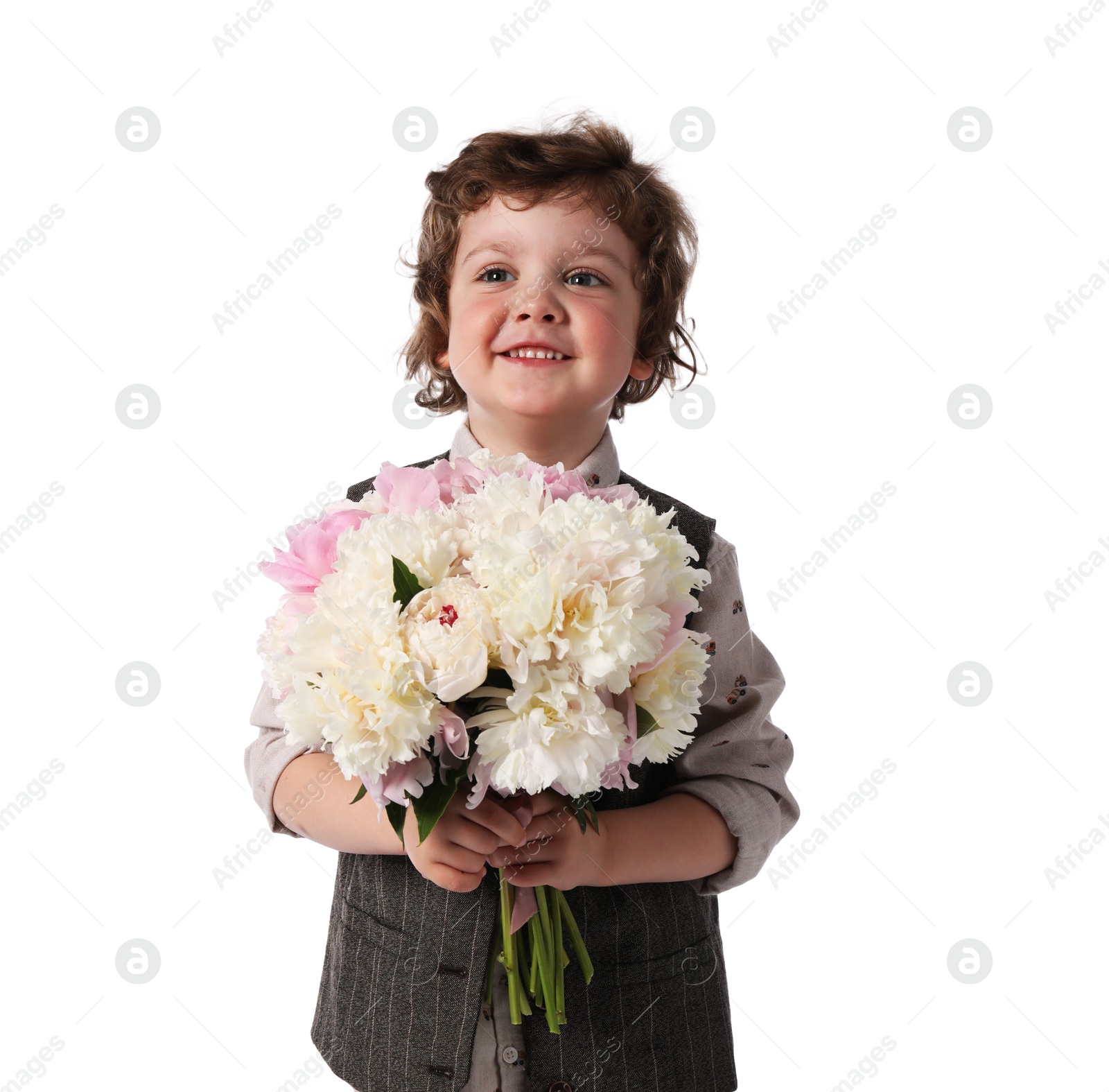 Cute little boy with bouquet of beautiful peonies on white background Photo of Cute little boy with bouquet of beautiful peonies on white background