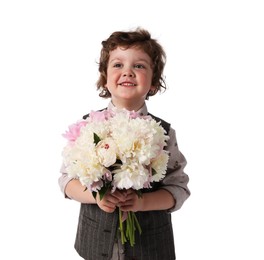 Photo of Cute little boy with bouquet of beautiful peonies on white background