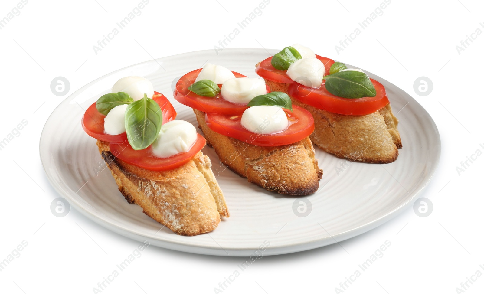 Photo of Tasty sandwiches with mozzarella cheese, tomatoes and basil on white background