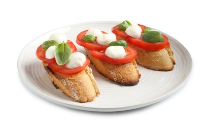 Photo of Tasty sandwiches with mozzarella cheese, tomatoes and basil on white background