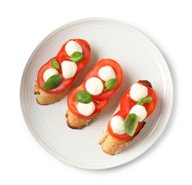 Photo of Tasty sandwiches with mozzarella cheese, tomatoes and basil on white background, top view