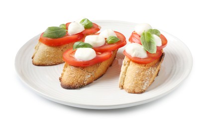 Photo of Tasty sandwiches with mozzarella cheese, tomatoes and basil on white background