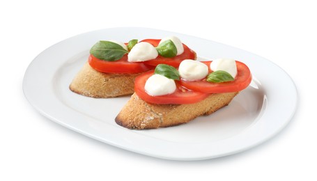 Photo of Tasty sandwiches with mozzarella cheese, tomatoes and basil on white background