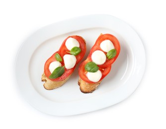 Photo of Tasty sandwiches with mozzarella cheese, tomatoes and basil on white background, top view