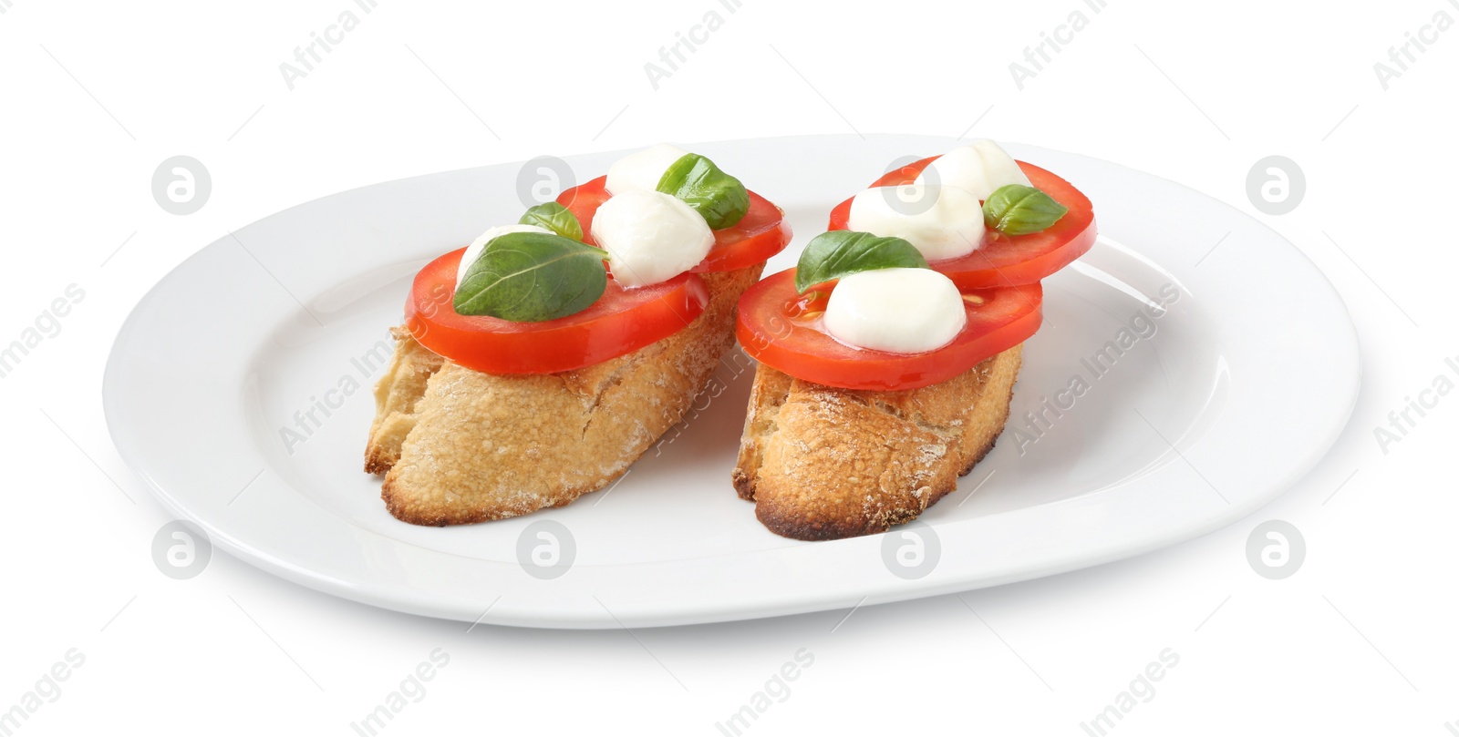 Tasty sandwiches with mozzarella cheese, tomatoes and basil on white background Photo of Tasty sandwiches with mozzarella cheese, tomatoes and basil on white background