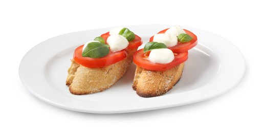 Photo of Tasty sandwiches with mozzarella cheese, tomatoes and basil on white background