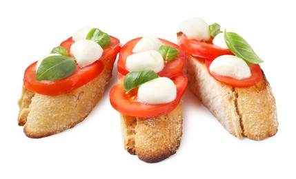 Photo of Tasty sandwiches with mozzarella cheese, tomatoes and basil on white background