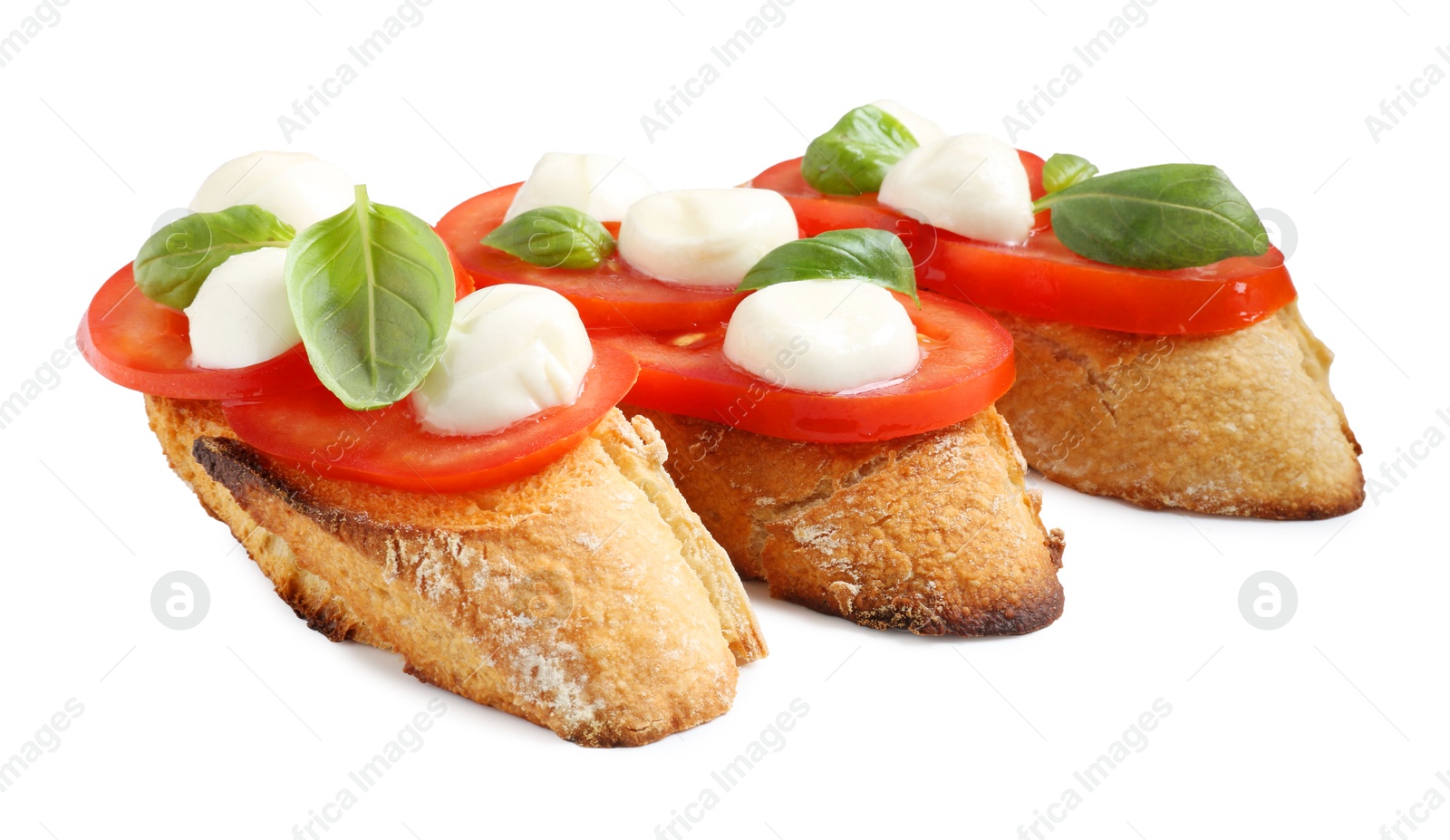 Photo of Tasty sandwiches with mozzarella cheese, tomatoes and basil on white background