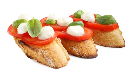 Photo of Tasty sandwiches with mozzarella cheese, tomatoes and basil on white background