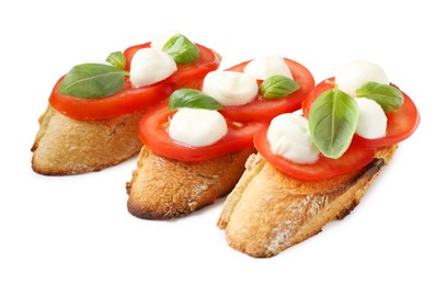 Photo of Tasty sandwiches with mozzarella cheese, tomatoes and basil on white background