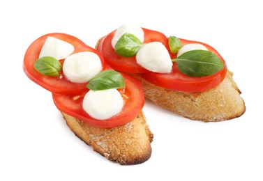 Photo of Tasty sandwiches with mozzarella cheese, tomatoes and basil on white background