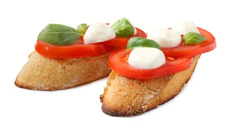 Photo of Tasty sandwiches with mozzarella cheese, tomatoes and basil on white background