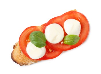 Photo of Tasty sandwich with mozzarella cheese, tomato and basil on white background, top view