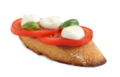 Photo of Tasty sandwich with mozzarella cheese, tomato and basil on white background