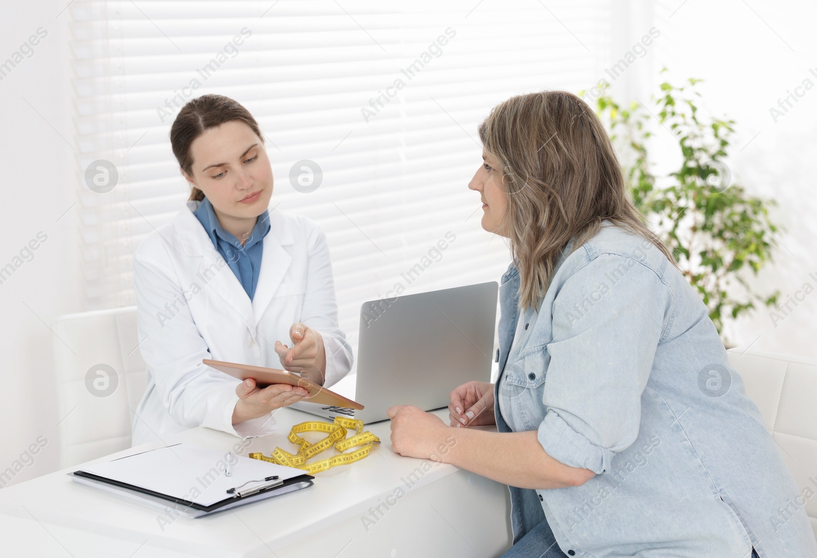 Photo of Weight loss. Nutritionist consulting overweight woman at white desk in clinic