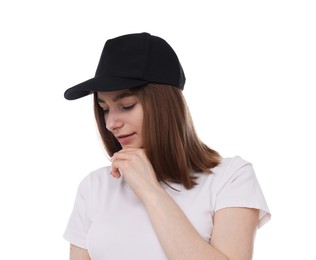 Photo of Young woman wearing stylish black baseball hat on white background