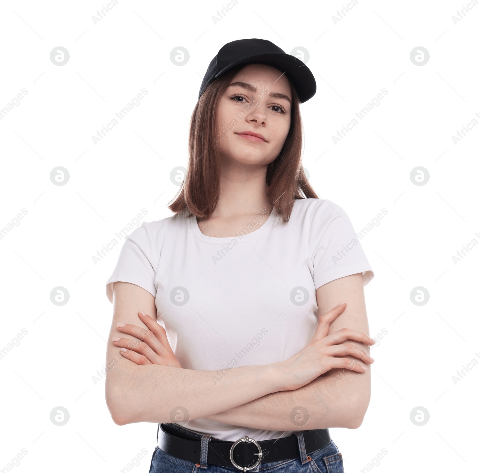 Young woman wearing stylish black baseball hat on white background Photo of Young woman wearing stylish black baseball hat on white background