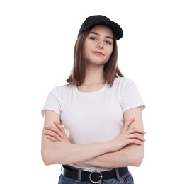 Photo of Young woman wearing stylish black baseball hat on white background