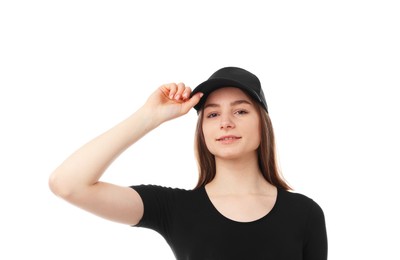 Photo of Young woman wearing stylish black baseball hat on white background