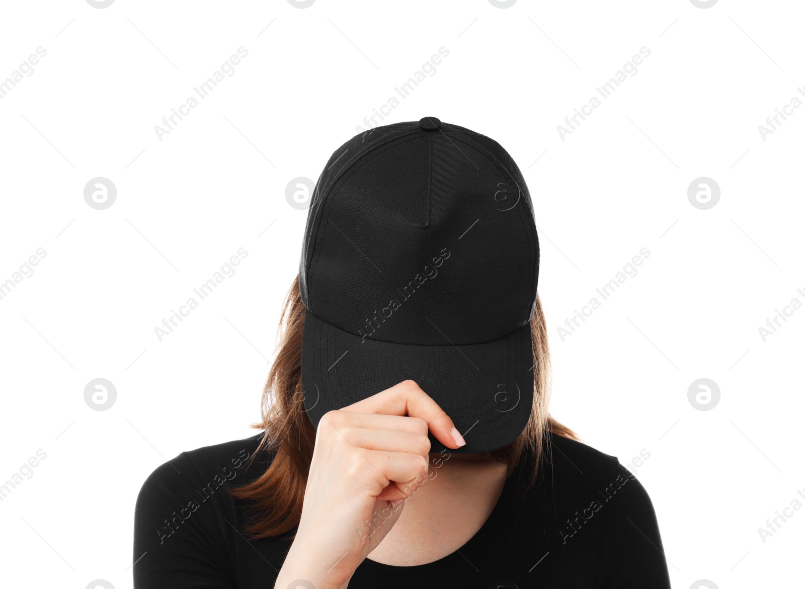 Young woman wearing stylish black baseball hat on white background Photo of Young woman wearing stylish black baseball hat on white background