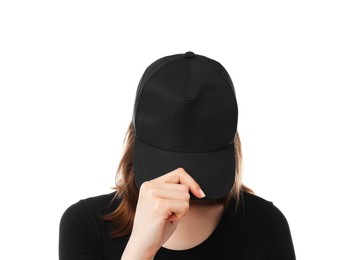 Photo of Young woman wearing stylish black baseball hat on white background
