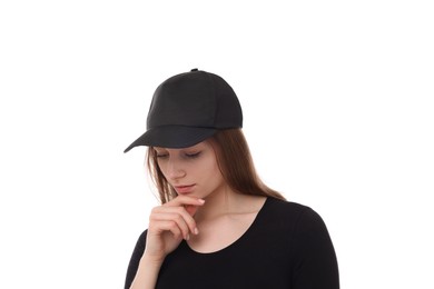 Photo of Young woman wearing stylish black baseball hat on white background