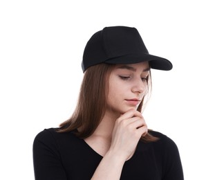 Photo of Young woman wearing stylish black baseball hat on white background