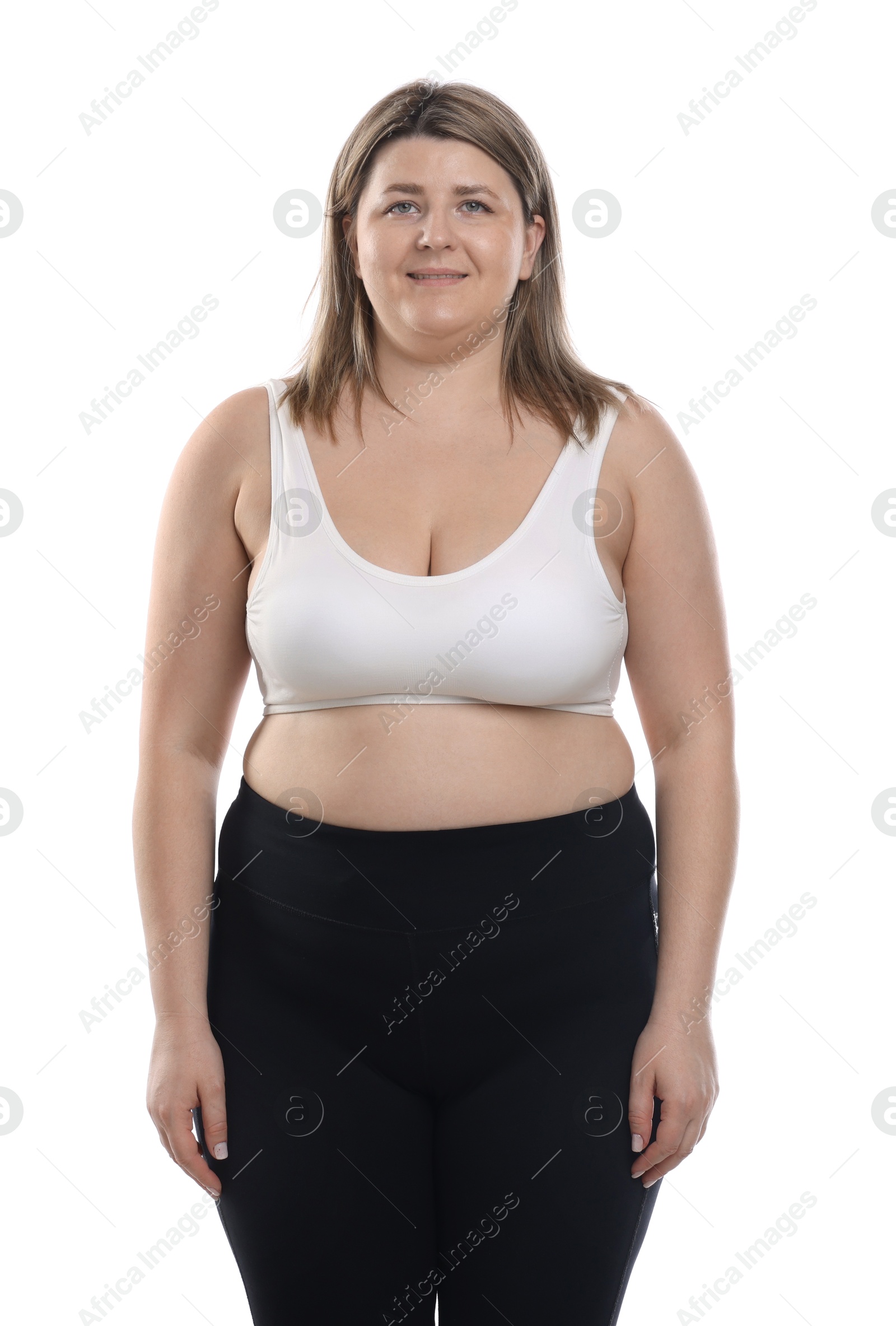 Weight loss. Plus size woman on white background Photo of Weight loss. Plus size woman on white background