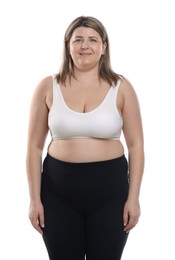 Photo of Weight loss. Plus size woman on white background