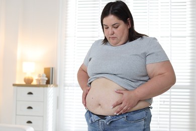Photo of Woman with excessive belly fat indoors, space for text. Overweight problem