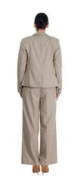 Photo of Confident business woman in suit on white background, back view